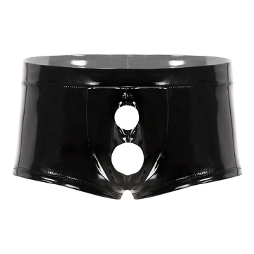Sexy Wetlook Black PU Leather Male Panties / Open Crotch Penis Hole Erotic Gay Boxer Shorts - EVE's SECRETS